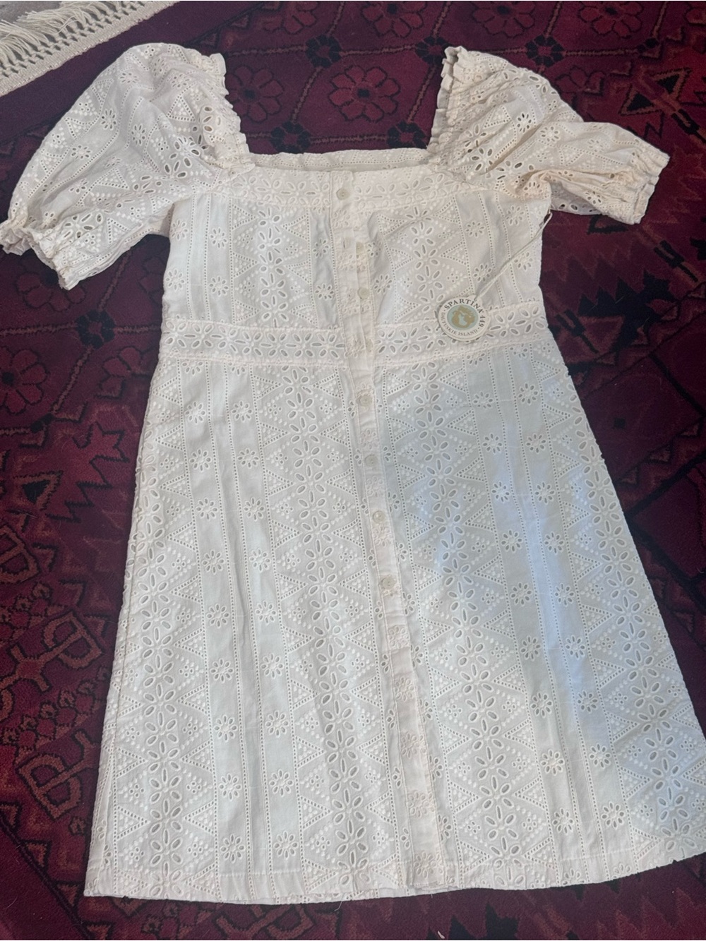 Spartina 449 White Eyelet Square-Neck Puff Sleeve Midi Dress